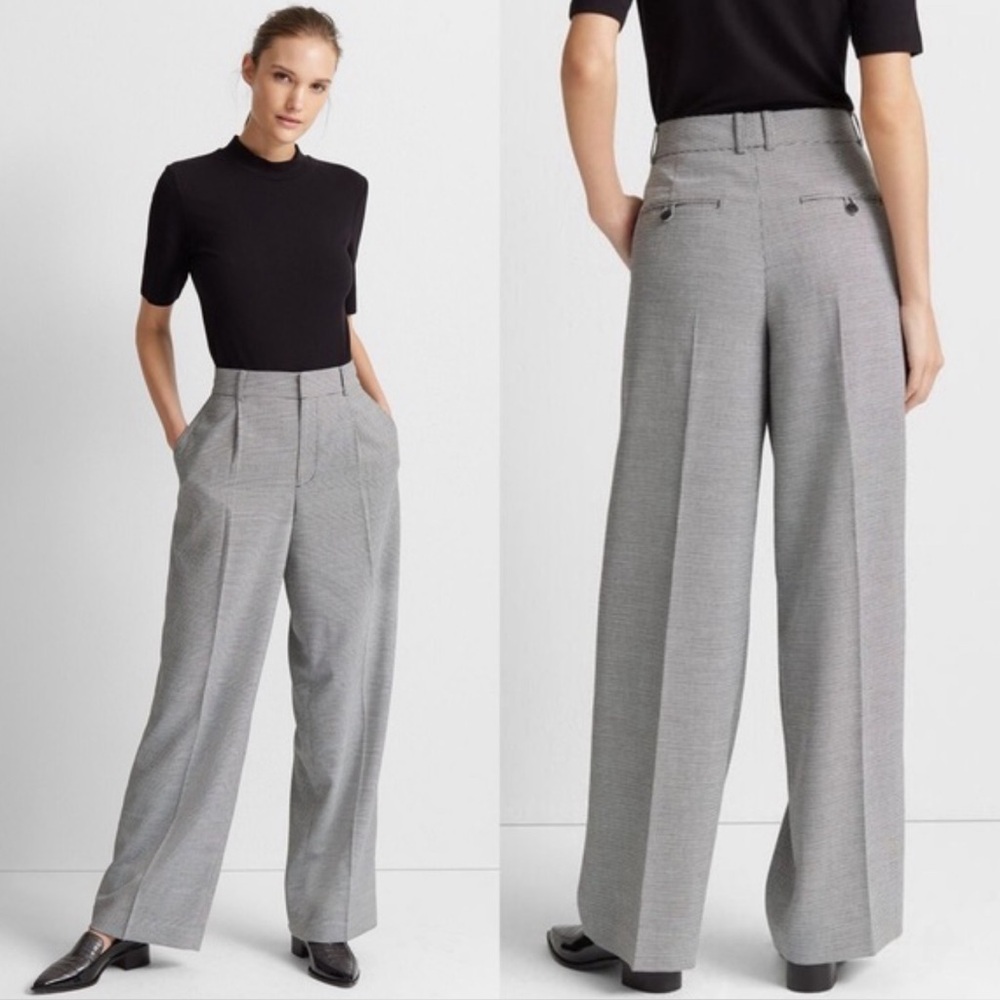 Club Monaco Woman Black White Houndstooth Wide Leg Trouser Pants US0 Classic